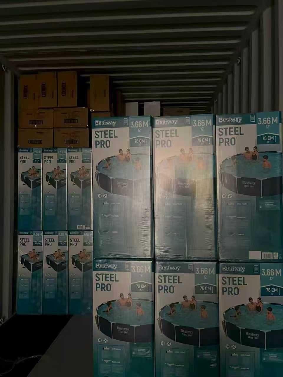Bestway Steel Pro above ground pools stacked inside a container, ready for export